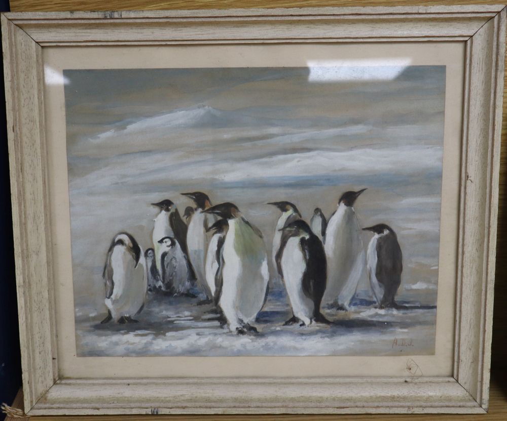 Audrey D. Johnson, gouache and watercolour, King Penguins, initialled and dated 1908 verso, 23 x 30cm